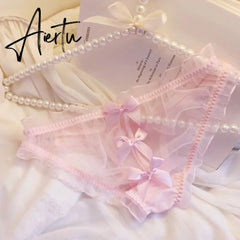 Sweet Underwear Lolita Style Japanese Sexy Transparent Bow Seamless Thong Panties For Women Girls See Through Panty Cute Thing Aiertu