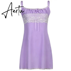 Sweetown Aesthetic Purple Party Dress Women Lace Chiffon Cute Sleeveless Sexy Mini Dresses Lace Up Kawaii E Girl Clothes Aiertu