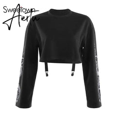 Sweetown Autumn Crop Sweatshirt Dragon Print Long Sleeve Korean Fashion Pullover Black Casual Gothic Streetwear Sweatshirts Aiertu