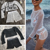 Swimsuit Female Bikini Crochet Beach Split Swimsuit Fishnet Hollow Out Mesh Bikini Cover Up Long Sleeve Beachwear Aiertu