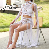 Tassel Hand Crochet Knitted Women Bikini Cover Ups 2023 Summer Holiday Beach Bathing Suit Sexy Hollow Out Skirts Matching Set Aiertu