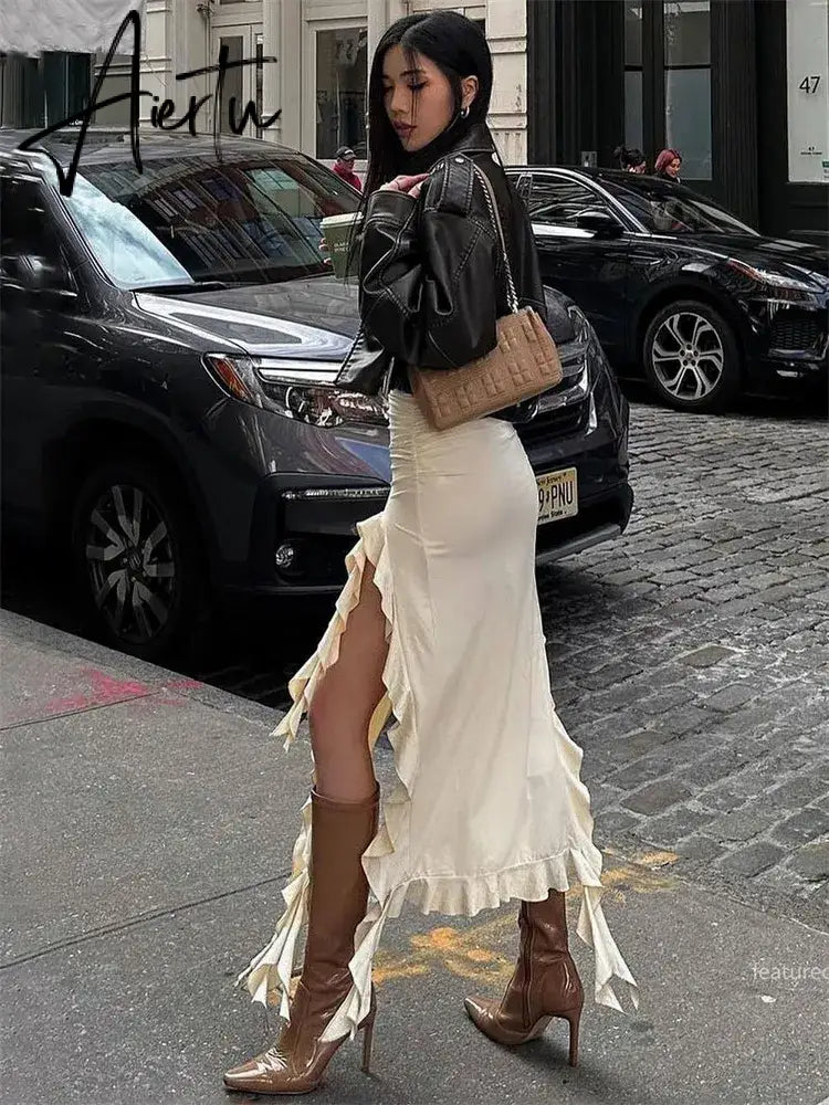 Tassel Summer Female Long Skirt Ruffled High Waist Broken High Split Fashion Pleated Sexy Solid Patchwork Maxi Skirt Aiertu