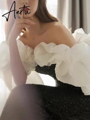 Temperament Women Slash Neck Puff Sleeve A-Line Fishtail Mid-calf Dress Autumn Female Spliced Dinner Clothing Aiertu
