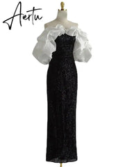 Temperament Women Slash Neck Puff Sleeve A-Line Fishtail Mid-calf Dress Autumn Female Spliced Dinner Clothing Aiertu