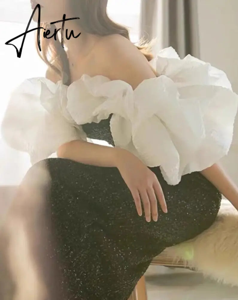 Temperament Women Slash Neck Puff Sleeve A-Line Fishtail Mid-calf Dress Autumn Female Spliced Dinner Clothing Aiertu