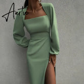 Temperament Women's Dress Long Sleeve Lantern Sleeve Spring Sexy Elegant Party Hem Split Skirt Women New Fashion Street Wear Aiertu