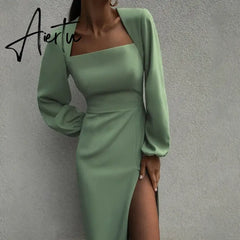 Temperament Women's Dress Long Sleeve Lantern Sleeve Spring Sexy Elegant Party Hem Split Skirt Women New Fashion Street Wear Aiertu