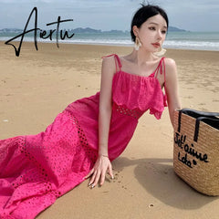 Temperment Goddess Ruffle Edge Hollow Out Fairy Slip Dress Women Elegant Festival Sweet Slim Dress Ladies Party Summer Backless Aiertu