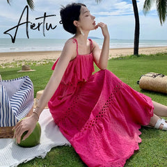 Temperment Goddess Ruffle Edge Hollow Out Fairy Slip Dress Women Elegant Festival Sweet Slim Dress Ladies Party Summer Backless Aiertu