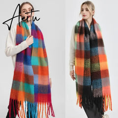 Thick Warm Winter Scarf New Women Plaid Design Pashmina Shawls Cashmere Shawl Lady Wrap Tassel Scarves Knitted Men Foulard Aiertu