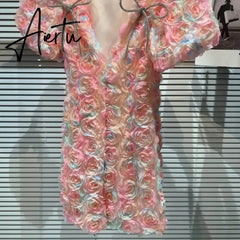 Three-dimensional Flower V-neck Women Dress Summer New Temperament Gauze Vestidos Sweet Short Sleeve Mini Dresses Aiertu
