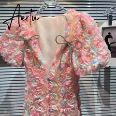Three-dimensional Flower V-neck Women Dress Summer New Temperament Gauze Vestidos Sweet Short Sleeve Mini Dresses Aiertu