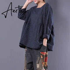 Top Blusas Women Crew Neck Long Sleeve Plaid Check Autumn Cotton Linen Casual Party Pleated Flounce Blouse Shirt Plus Size Aiertu