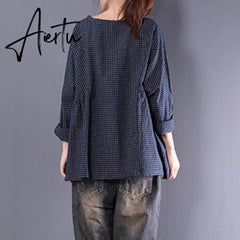 Top Blusas Women Crew Neck Long Sleeve Plaid Check Autumn Cotton Linen Casual Party Pleated Flounce Blouse Shirt Plus Size Aiertu
