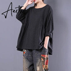 Top Blusas Women Crew Neck Long Sleeve Plaid Check Autumn Cotton Linen Casual Party Pleated Flounce Blouse Shirt Plus Size Aiertu