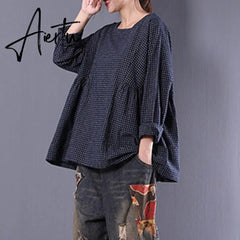 Top Blusas Women Crew Neck Long Sleeve Plaid Check Autumn Cotton Linen Casual Party Pleated Flounce Blouse Shirt Plus Size Aiertu