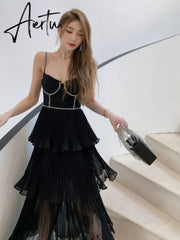 Top Quality Women Dress Early Autumn New Light Luxury Black Blut Chiffon Pleated Cake Suspender Midi Dress Aiertu