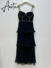 Top Quality Women Dress Early Autumn New Light Luxury Black Blut Chiffon Pleated Cake Suspender Midi Dress Aiertu