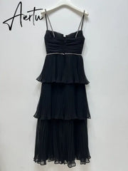 Top Quality Women Dress Early Autumn New Light Luxury Black Blut Chiffon Pleated Cake Suspender Midi Dress Aiertu