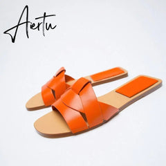 TRAF Summer Women Flat Sandals Green Metal Chain Slippers Slip on Sandals Slides Peep Toe Beach Shoes Comfortable Flats Aiertu