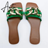 TRAF Summer Women Flat Sandals Green Metal Chain Slippers Slip on Sandals Slides Peep Toe Beach Shoes Comfortable Flats Aiertu