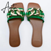 TRAF Summer Women Flat Sandals Green Metal Chain Slippers Slip on Sandals Slides Peep Toe Beach Shoes Comfortable Flats Aiertu