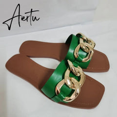TRAF Summer Women Flat Sandals Green Metal Chain Slippers Slip on Sandals Slides Peep Toe Beach Shoes Comfortable Flats Aiertu