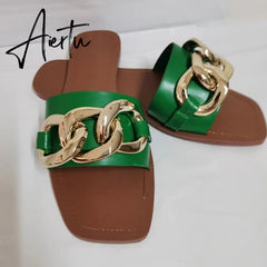 TRAF Summer Women Flat Sandals Green Metal Chain Slippers Slip on Sandals Slides Peep Toe Beach Shoes Comfortable Flats Aiertu