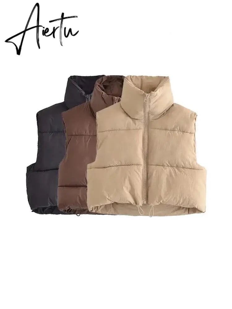 TRAF Women Fashion Adjustable Hem Zip-up Crop Padded Waistcoat Vintage High Neck Sleeveless Female Outerwear Chic Vest Tops Aiertu