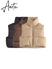 TRAF Women Fashion Adjustable Hem Zip-up Crop Padded Waistcoat Vintage High Neck Sleeveless Female Outerwear Chic Vest Tops Aiertu