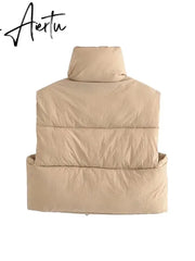 TRAF Women Fashion Adjustable Hem Zip-up Crop Padded Waistcoat Vintage High Neck Sleeveless Female Outerwear Chic Vest Tops Aiertu