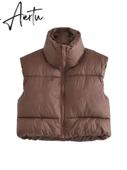 TRAF Women Fashion Adjustable Hem Zip-up Crop Padded Waistcoat Vintage High Neck Sleeveless Female Outerwear Chic Vest Tops Aiertu