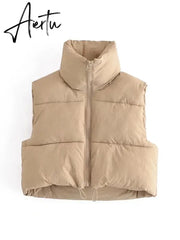 TRAF Women Fashion Adjustable Hem Zip-up Crop Padded Waistcoat Vintage High Neck Sleeveless Female Outerwear Chic Vest Tops Aiertu