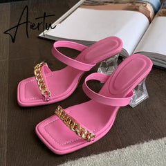 Transparent Chunky Heels Mules Slippers Ladies Fashion Metal Chain Design Pink Sandals For Women Open Toe Gladiator Shoes Slides Aiertu