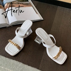 Transparent Chunky Heels Mules Slippers Ladies Fashion Metal Chain Design Pink Sandals For Women Open Toe Gladiator Shoes Slides Aiertu