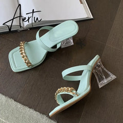 Transparent Chunky Heels Mules Slippers Ladies Fashion Metal Chain Design Pink Sandals For Women Open Toe Gladiator Shoes Slides Aiertu