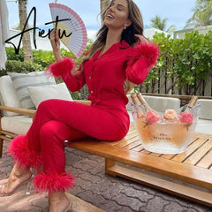 Trendy Women Pajamas Set Autumn Casual Lapel Tops + Feather 2Pcs Pants Suits Sexy Lingerie Nightwear Silk Satin Pyjamas pjs Suit Aiertu