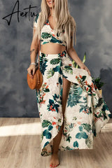 Tropical Print Crop Top and Maxi Skirt Set Aiertu