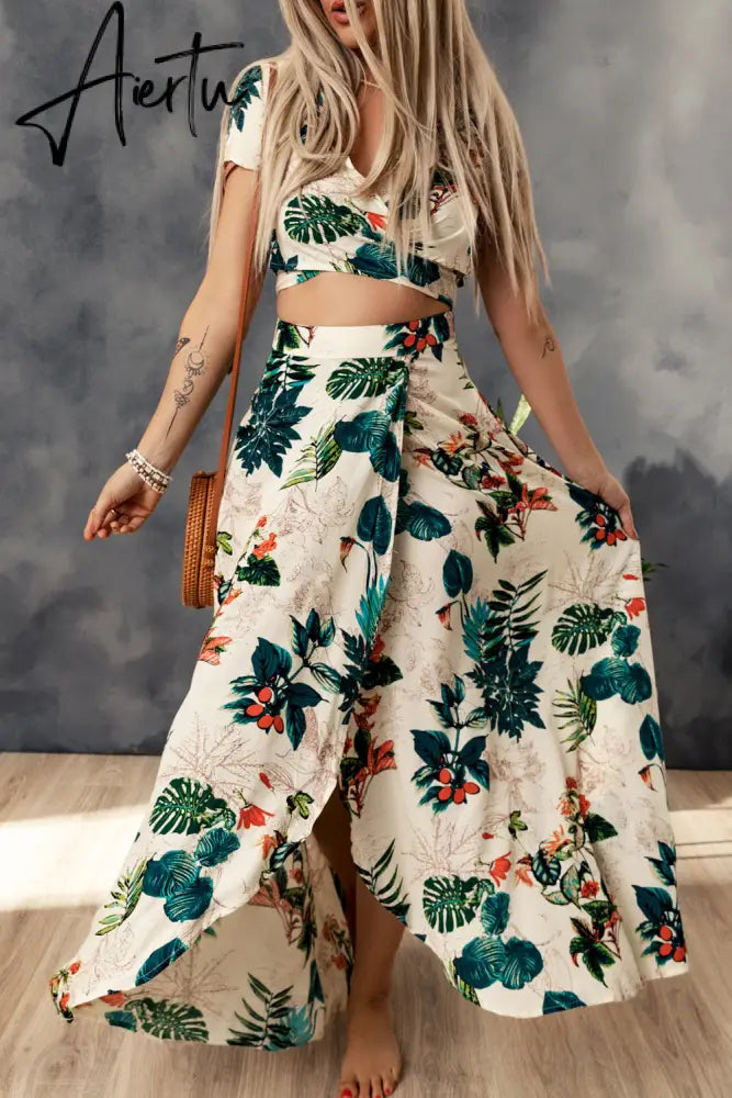 Tropical Print Crop Top and Maxi Skirt Set Aiertu