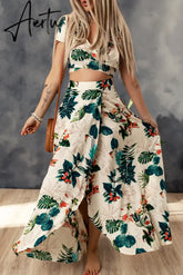 Tropical Print Crop Top and Maxi Skirt Set Aiertu