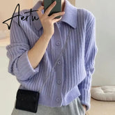 Turn Down Knit Cardigan Women Autumn Winter Button Up Solid Color Sweater Coats Woman Long Sleeve Soft Cardigans Ladies Aiertu