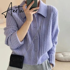 Turn Down Knit Cardigan Women Autumn Winter Button Up Solid Color Sweater Coats Woman Long Sleeve Soft Cardigans Ladies Aiertu