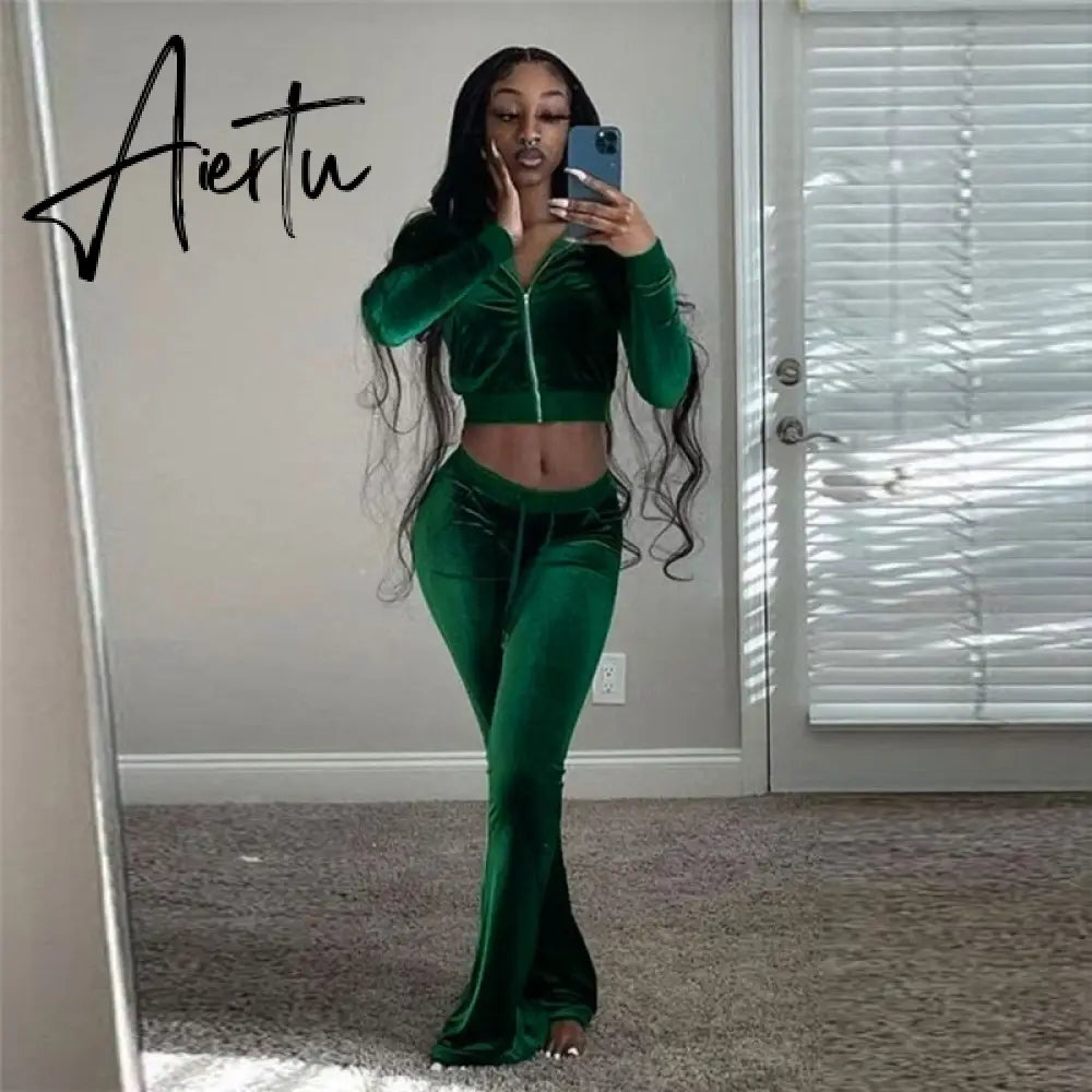 Turtleneck Top+Bandage Lace Slim Female Wide Leg Pants Solid Velour Two Piece Set Women Simple Casual Zipper Long Sleeve Aiertu