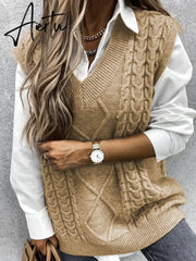 Twist Pullover Sweater Vests Women Oversized V-Neck Cable Knitted Korean Female Sleeveless Warm Tops Waistcoat Winter Aiertu