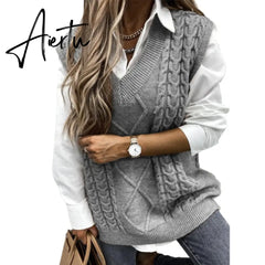 Twist Pullover Sweater Vests Women Oversized V-Neck Cable Knitted Korean Female Sleeveless Warm Tops Waistcoat Winter Aiertu