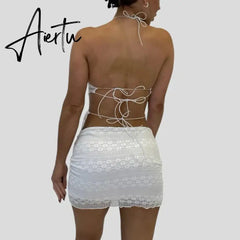 Two Piece Set Chic Women V Neck Halter Camis Tops Sexy Chest Wrap Backless Tie Up Bandage Crop Tops + Mini Pencil Skirt White Aiertu