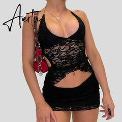 Two Piece Set Chic Women V Neck Halter Camis Tops Sexy Chest Wrap Backless Tie Up Bandage Crop Tops + Mini Pencil Skirt White Aiertu