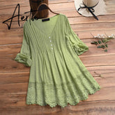 Undefined Summer Women Blouse Plus Size S-5XL Women Vintage Three Quarter Lace V-Neck Button Top Blouse Office Work Shirts Aiertu