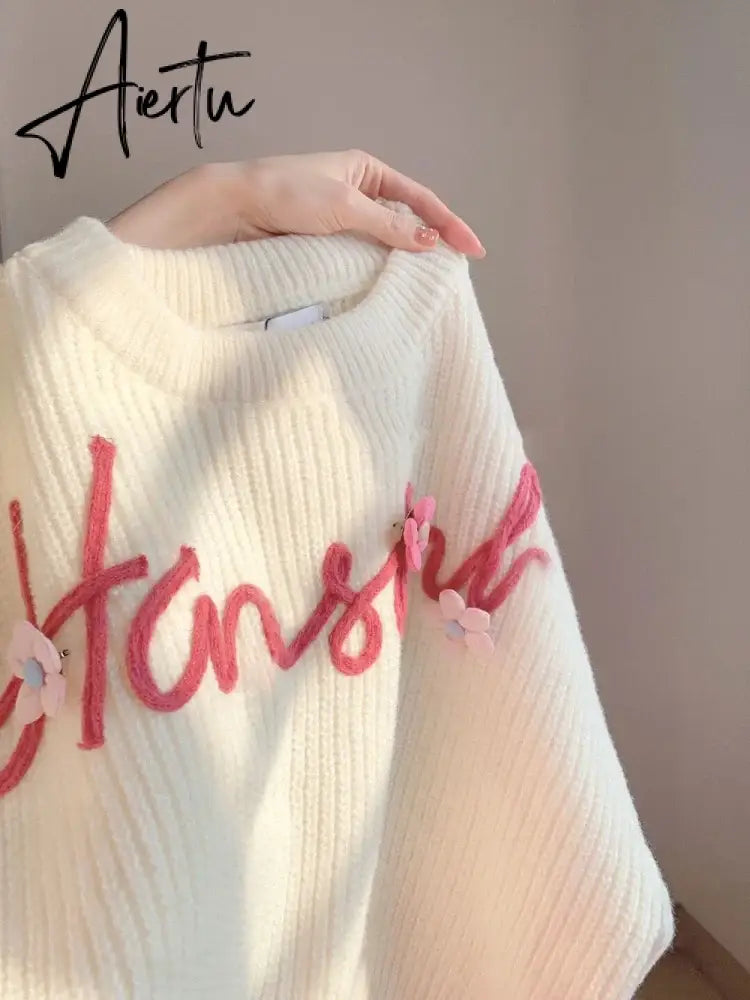 Urban Lovely Suits Short Flower Letter Knitted Sweater + Women Design Wide-leg Casual Pants Milky Kawaii Set/Single Piece Aiertu