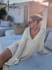 V-Neck Oversized Women's Sweater Long Sleeve Hollow Out Striped Knit Tops Winter Trend Casual Loose Pullover Sweaters Aiertu